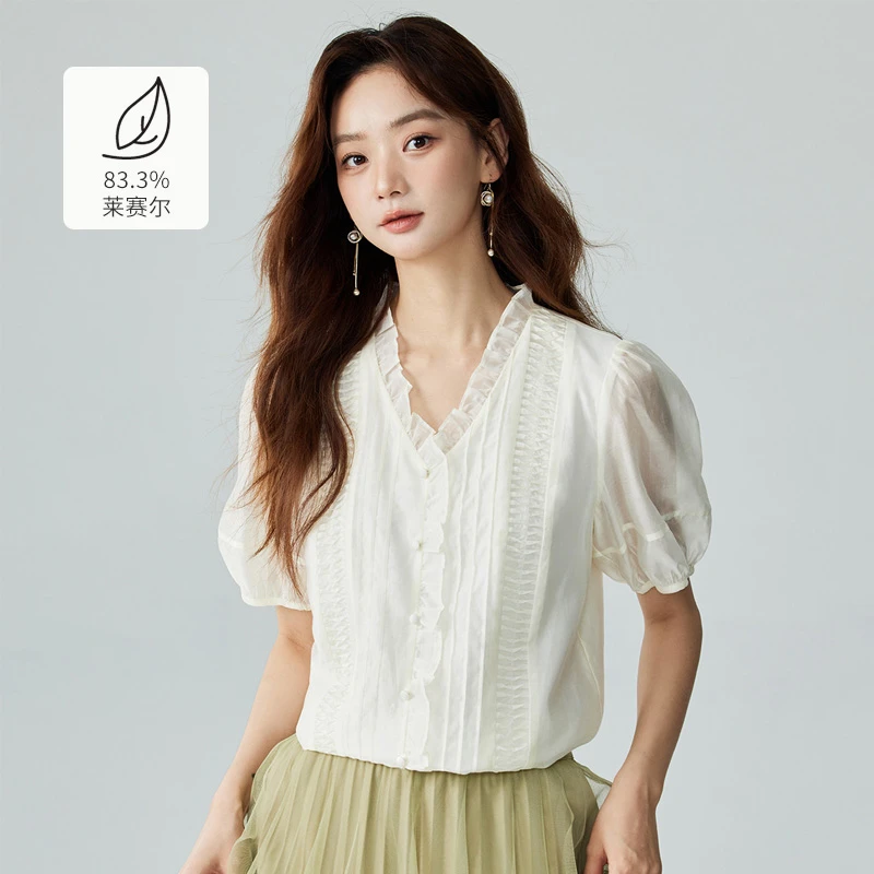 茵曼2025夏季新款女衬衫衬衣短袖泡泡袖休闲搭薄款白色上衣女