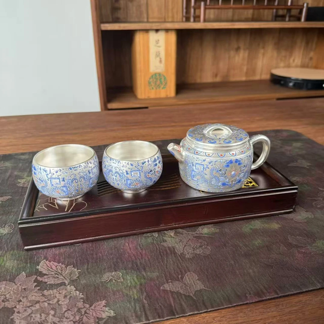 周鸿杰双龙戏珠鎏银茶壶加茶盘 MC121