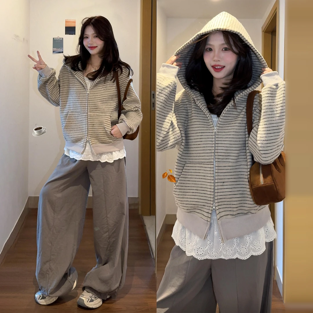 连帽卫衣外套女秋冬季2025新款韩系慵懒拉链条纹开衫上衣早秋穿搭