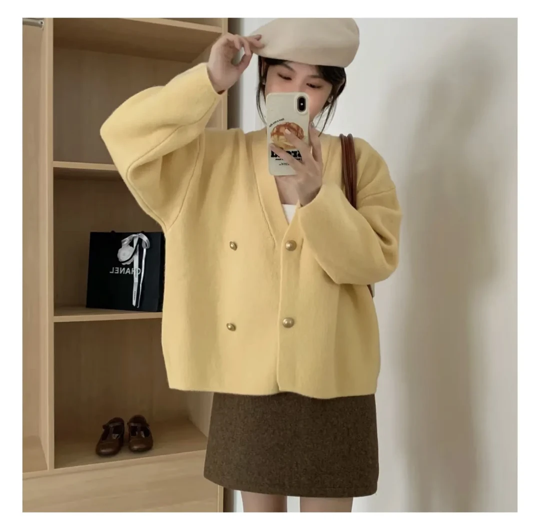 小香风初春V领常规毛针织衫针织开衫软糯韩版气质纯色毛衣