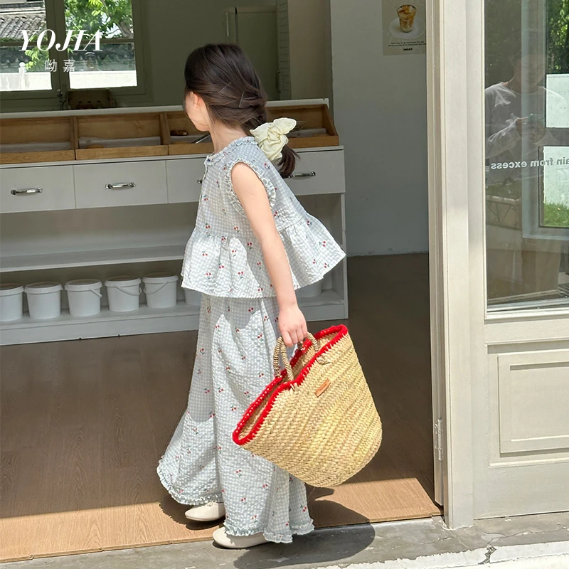 YOJIA女童套装夏季2025新款甜美洋气大童夏装上衣裤子儿童两件套