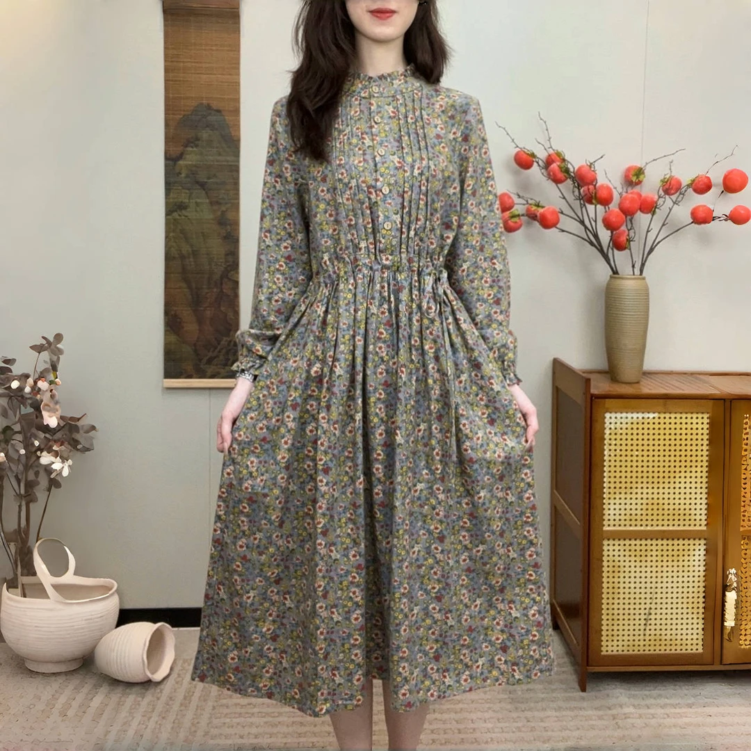 蔓络衣品-磨毛棉麻雾霾蓝碎花田园风连衣裙