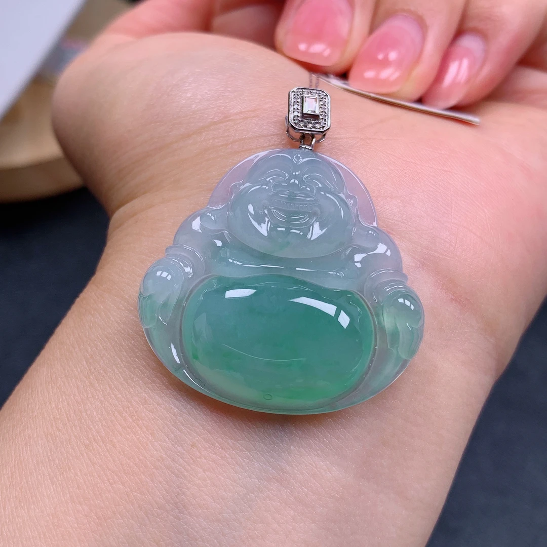 天然缅甸翡翠A货18k冰果绿佛公气质精美尺寸38+33.4+6.2