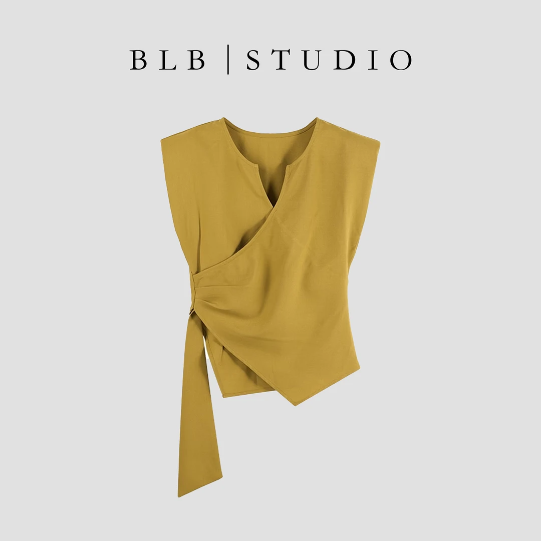【BLB•板老板】v领褶皱绑带无袖上衣HBZU651155