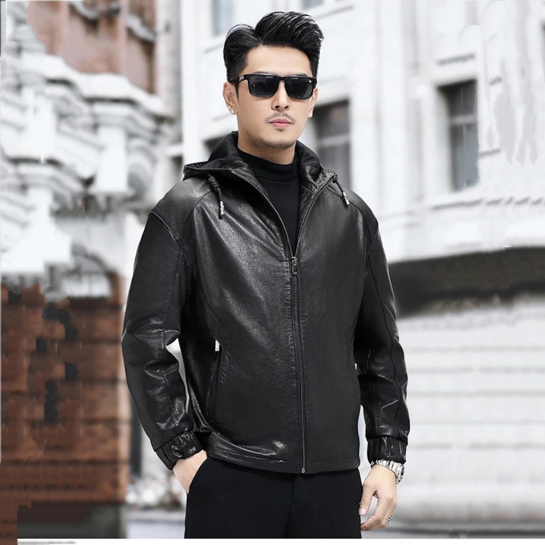 新款真皮皮衣男短款连帽头层牛皮机车薄款真皮阔版宽松外套男男士