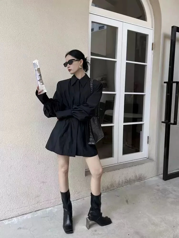 设计感拉链黑色衬衫女2025春季新款大码复古山本风高级感尖领衬衫