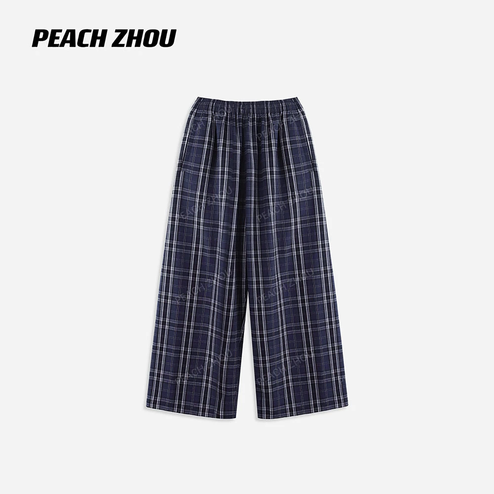 『PEACHZHOU』100棉藏青格纹巴黎风宽松廓形休闲裤松紧腰复古阔腿裤