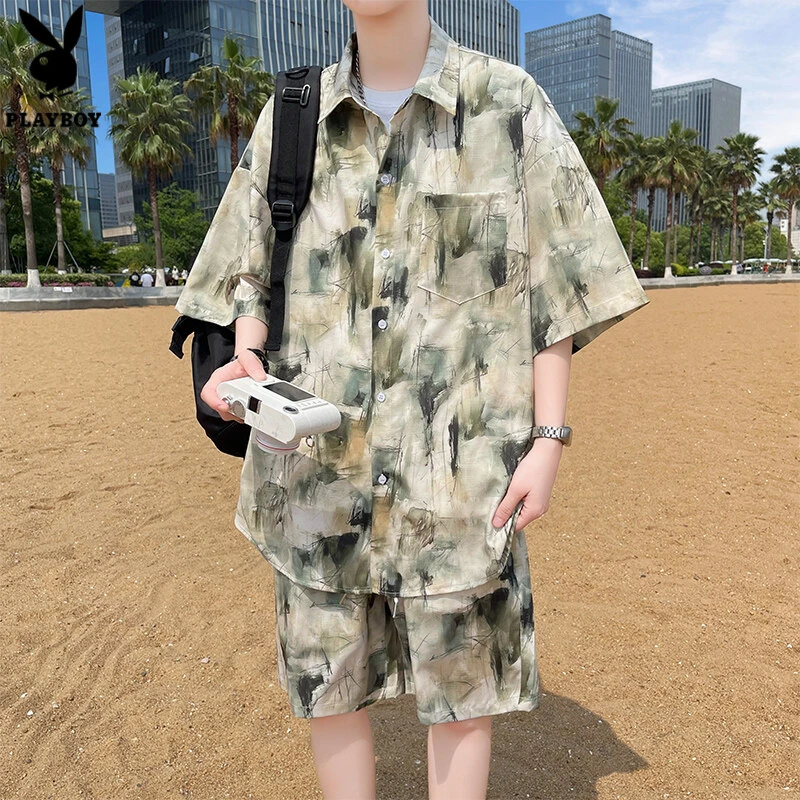 花花公子短袖衬衫短裤两件套水墨画宽松休闲上衣短裤时尚套装男士