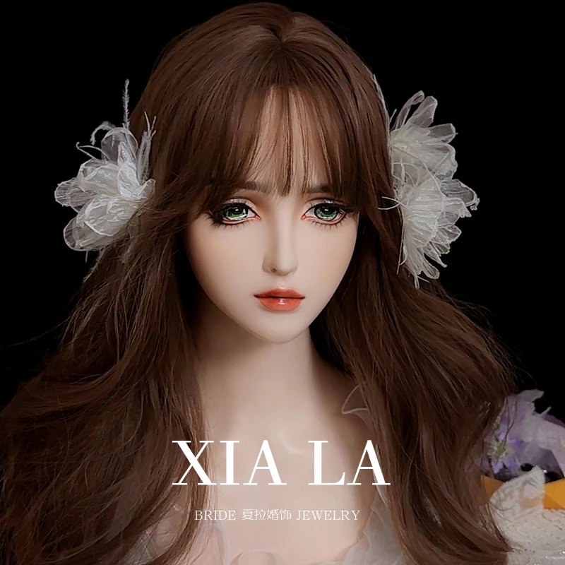 夏拉原创新款仙气薄纱花朵新娘头饰高级灰羽毛发夹白纱发饰品套装