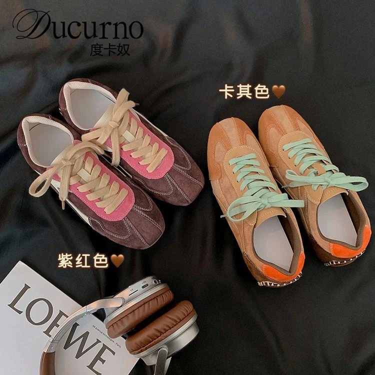 DUCURNO反绒皮复古德训鞋女2025年新款休闲运动鞋平底鞋拼色单鞋