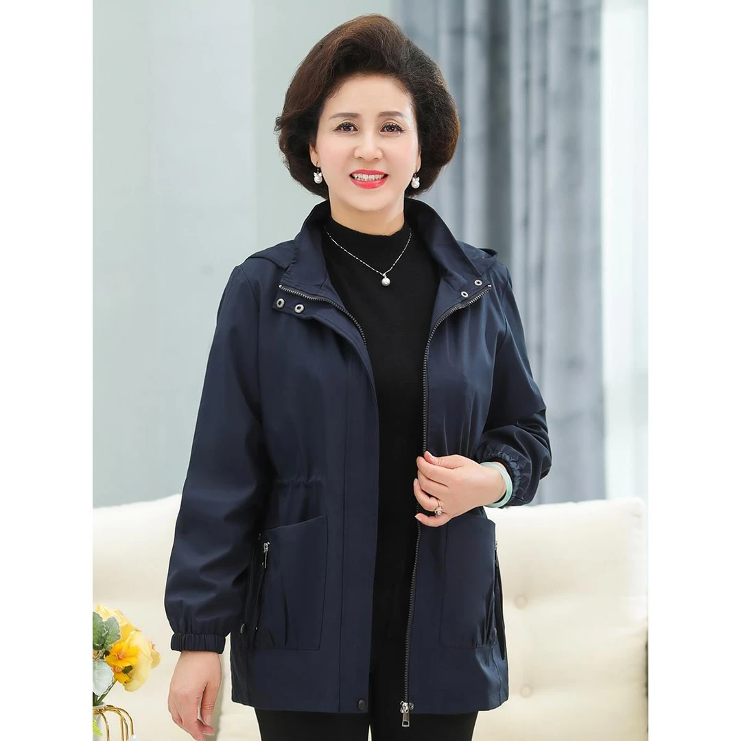 中年妈妈春装外套风衣女时尚纯色连帽上衣加肥加大码中老年春秋装