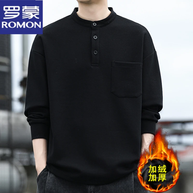 罗蒙春秋冬装圆领男士长袖卫衣时尚加绒加厚保暖打底t恤纽扣上衣
