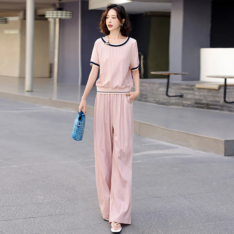 女夏季新款韩版时尚气质套装圆领拼接短袖上衣高腰阔腿裤两件套潮