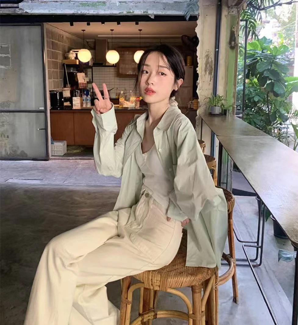 2309夏季新款韩系休闲慵懒风百搭长袖衬衫上衣女防晒衬衣外搭外套