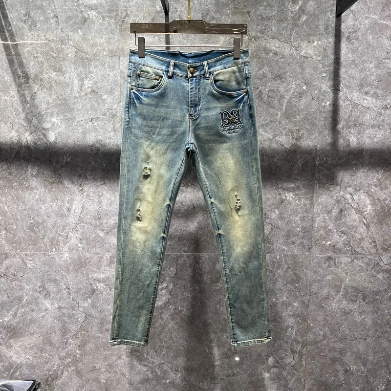 宾斯洛特个性时尚破洞修身牛仔裤男春夏季潮流字母提花修身小脚裤