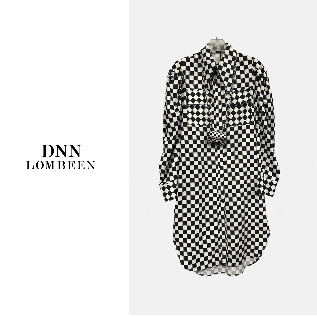 DNN LOMABEEN1372#格子连衣裙中长款宽松黑白棋盘格长袖春季