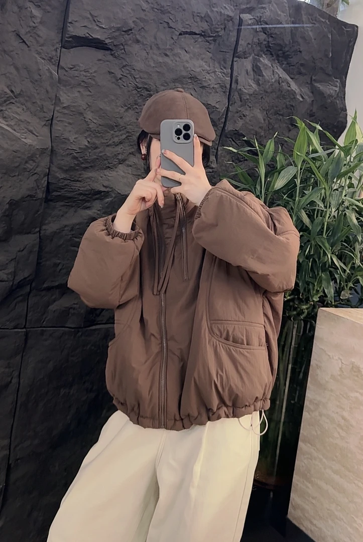 9720时尚气质2025冬季显瘦百搭立领双拉链下摆抽绳棉衣外套女棉服