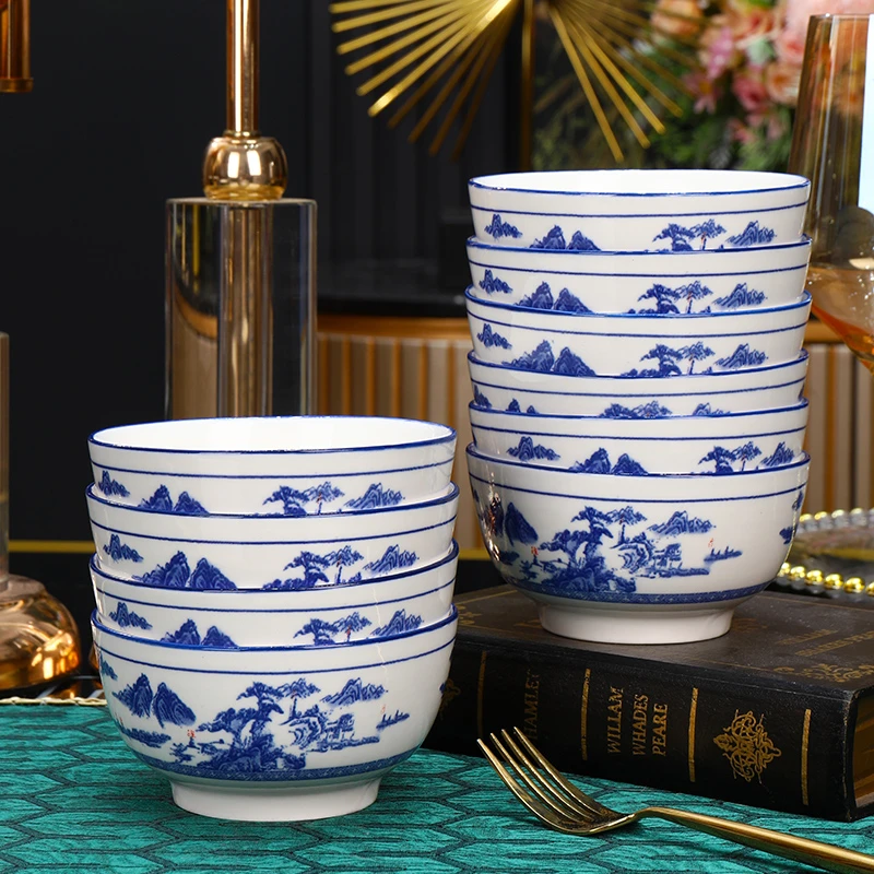 青花山水·瓷韵4.5英寸米饭碗10只装家用饭碗