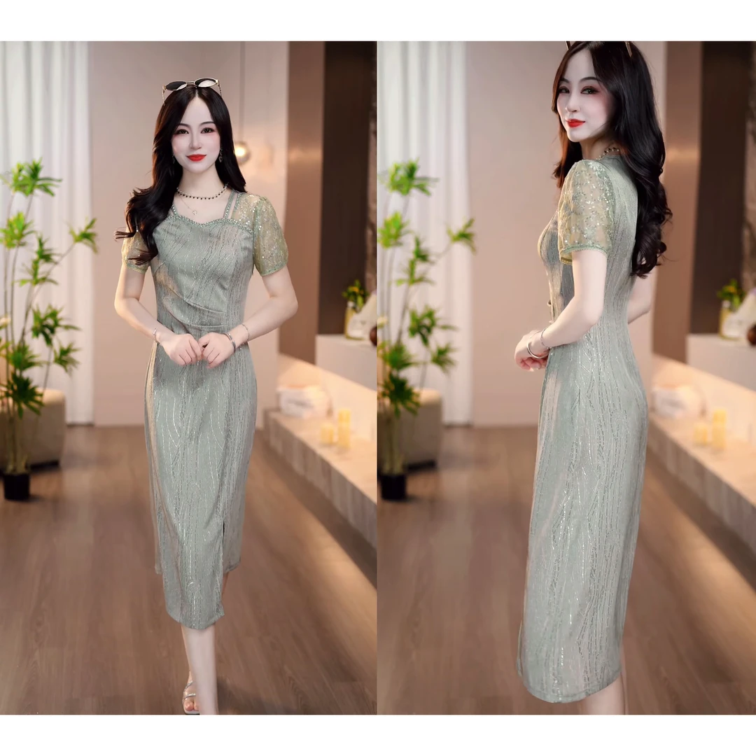 2025夏季新款豆绿色清秀端庄显瘦端庄时尚气质连衣裙M-4XL