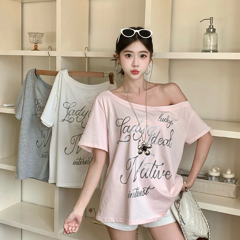 【丫丫专属】大码改良正肩斜肩印花短袖T恤宽松慵懒感休闲上衣5919