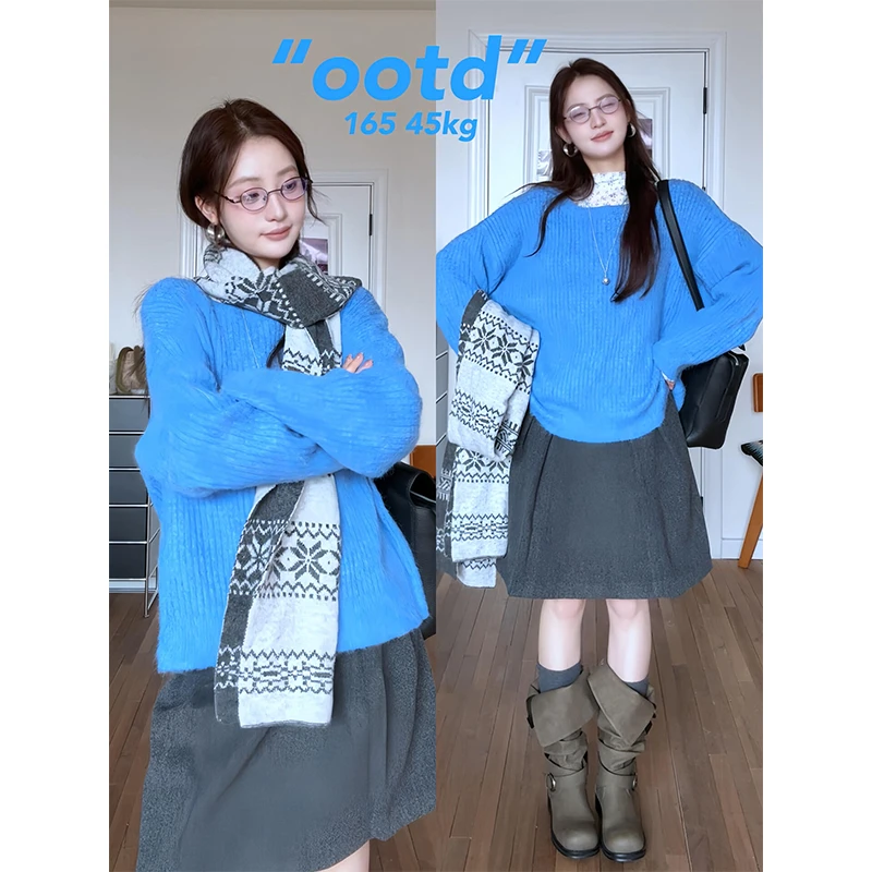 冬季温柔系穿搭女2025新款韩版慵懒套头毛衣百搭打底半身裙三件套