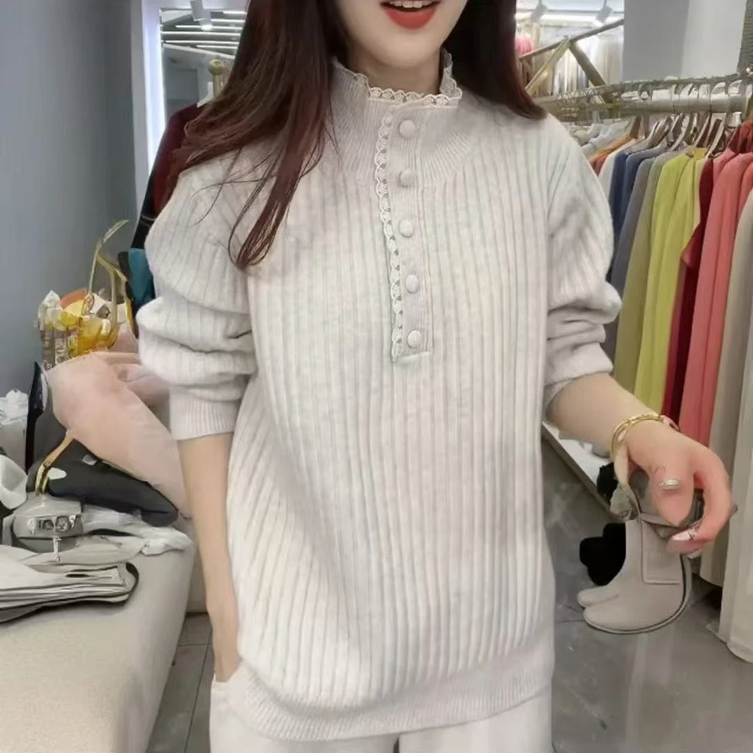 秋冬半高领好看的内搭蕾丝毛衣女2024新款冬季爆款慵懒打底针织衫