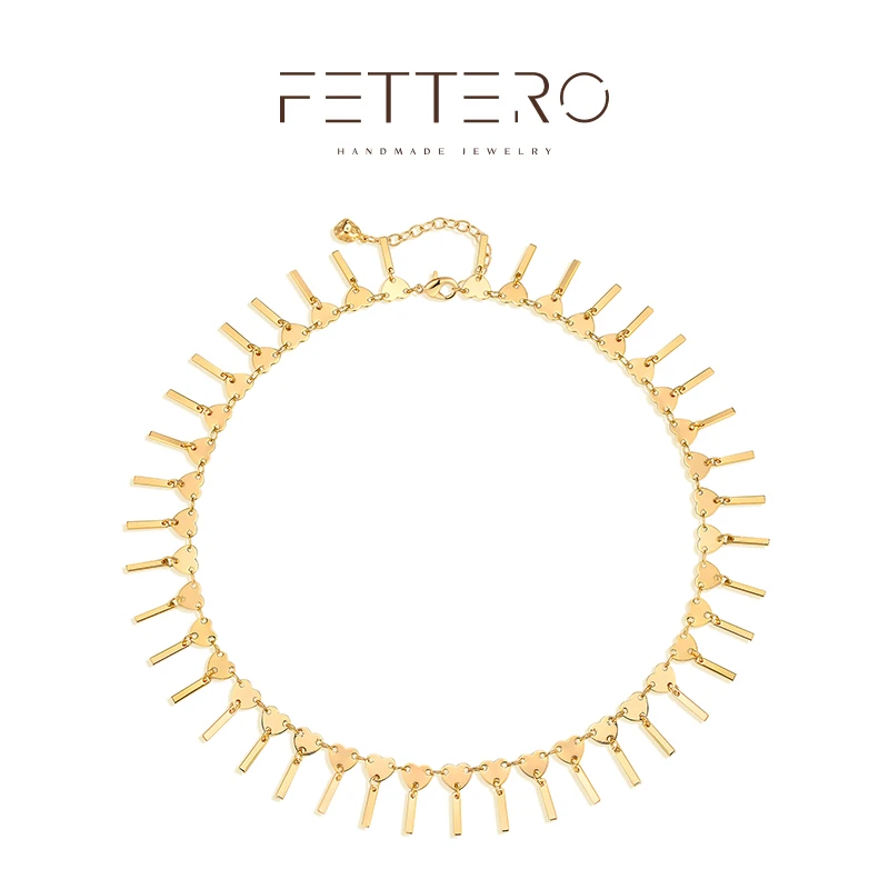 fettero 铜合金项链 【金色爱心片方条风铃链颈链】气质轻奢编织