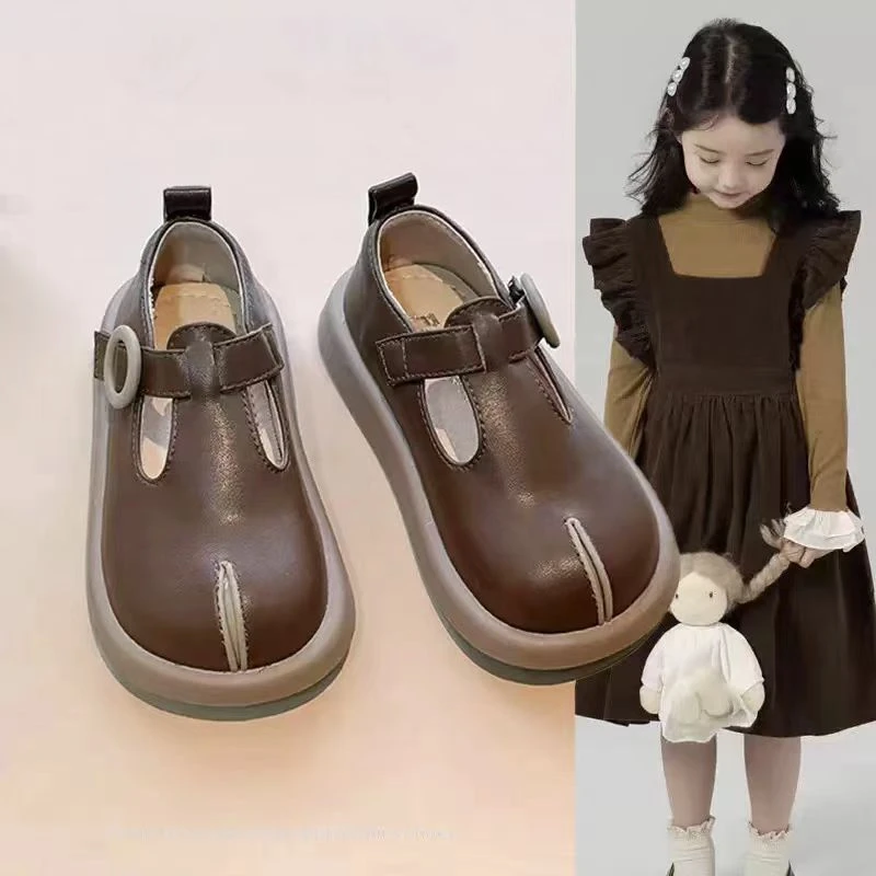 女童韩系复古小皮鞋2025春季新款洋气豆豆鞋小女孩分趾软底公主鞋
