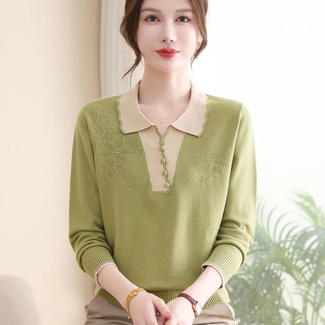 中老年人女装翻领小衫洋气时尚妈妈装春秋新款针织打底衫宽松上衣