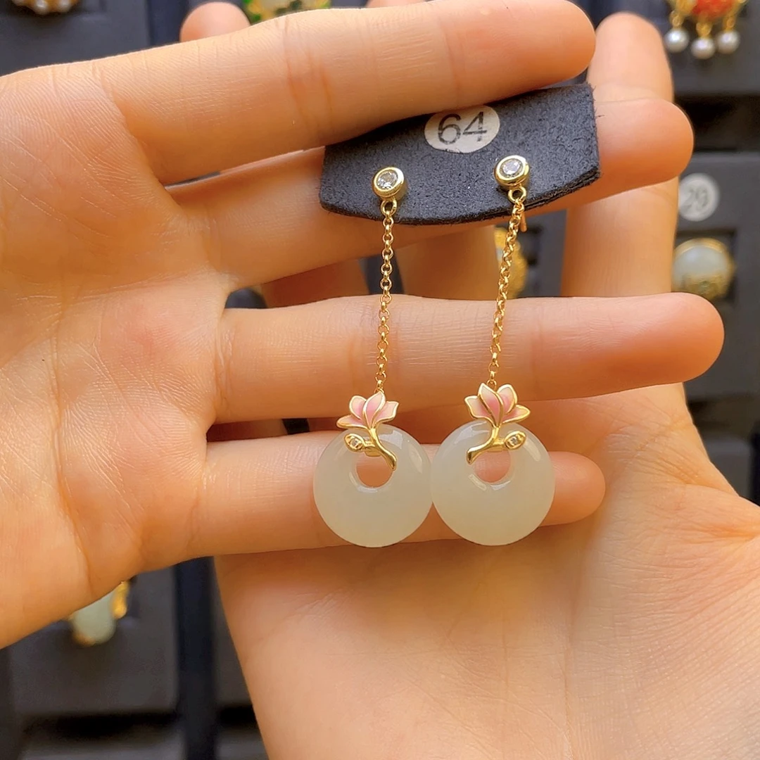 和田玉耳饰银S925镀金镶嵌