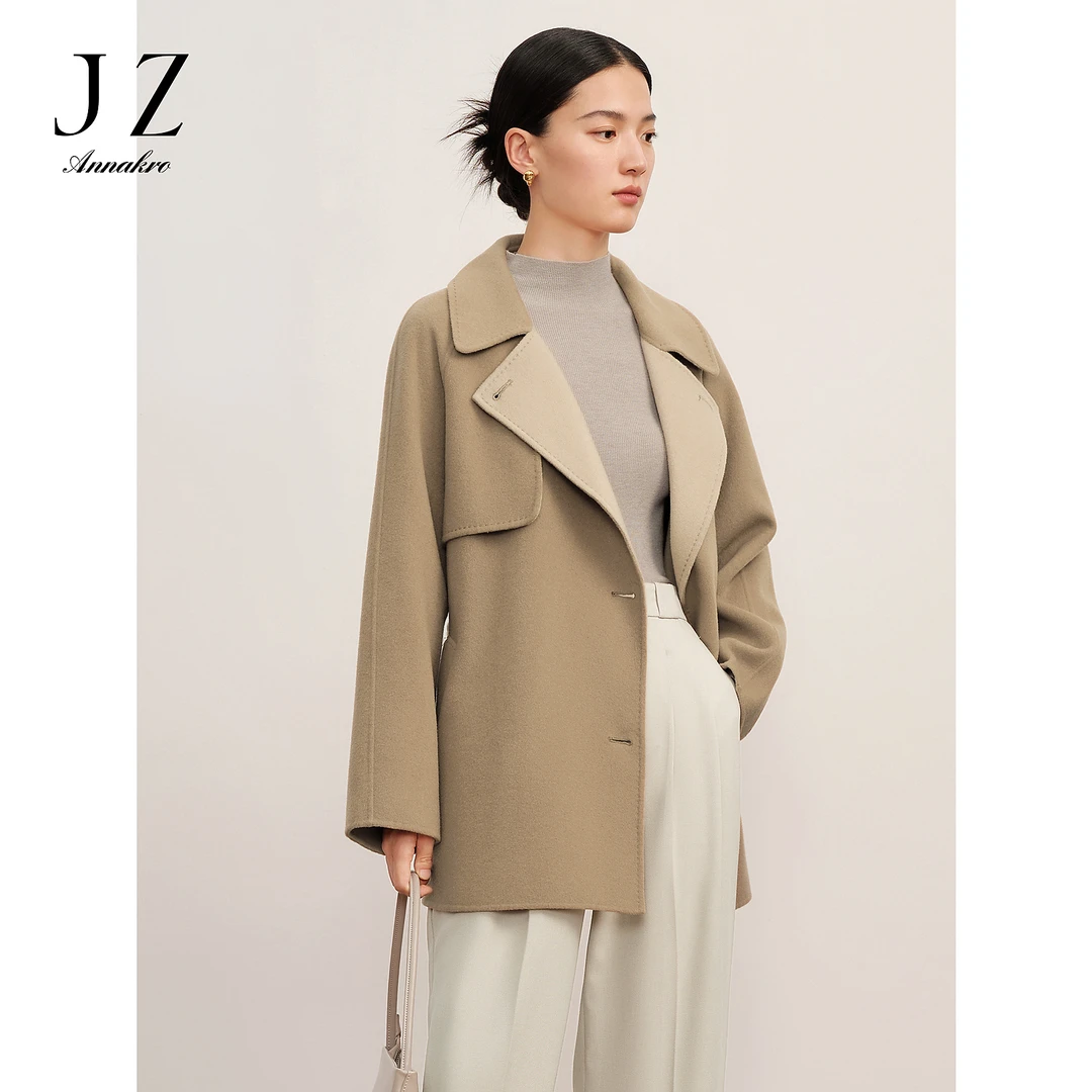 【赵老板专属】玖姿安娜蔻JTDD72507收腰翻领双面呢一手长大衣女