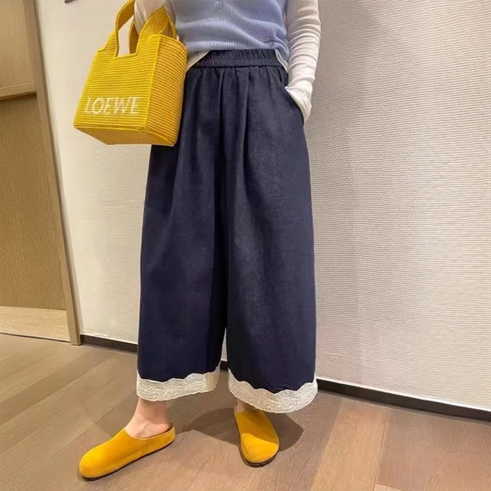 女童裤子2025新款韩系儿童拼接蕾丝花边宽松阔腿裤女孩夏季直筒裤