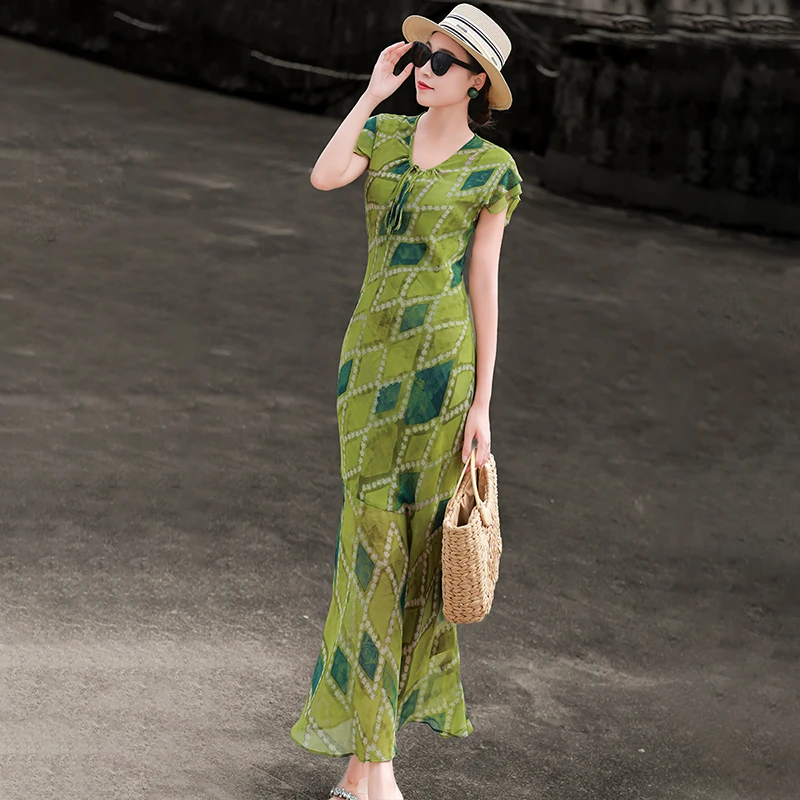 MEXCOCO/兰瑟儿夏季飞飞袖收腰显瘦格纹印花鱼尾连衣裙105XL2815