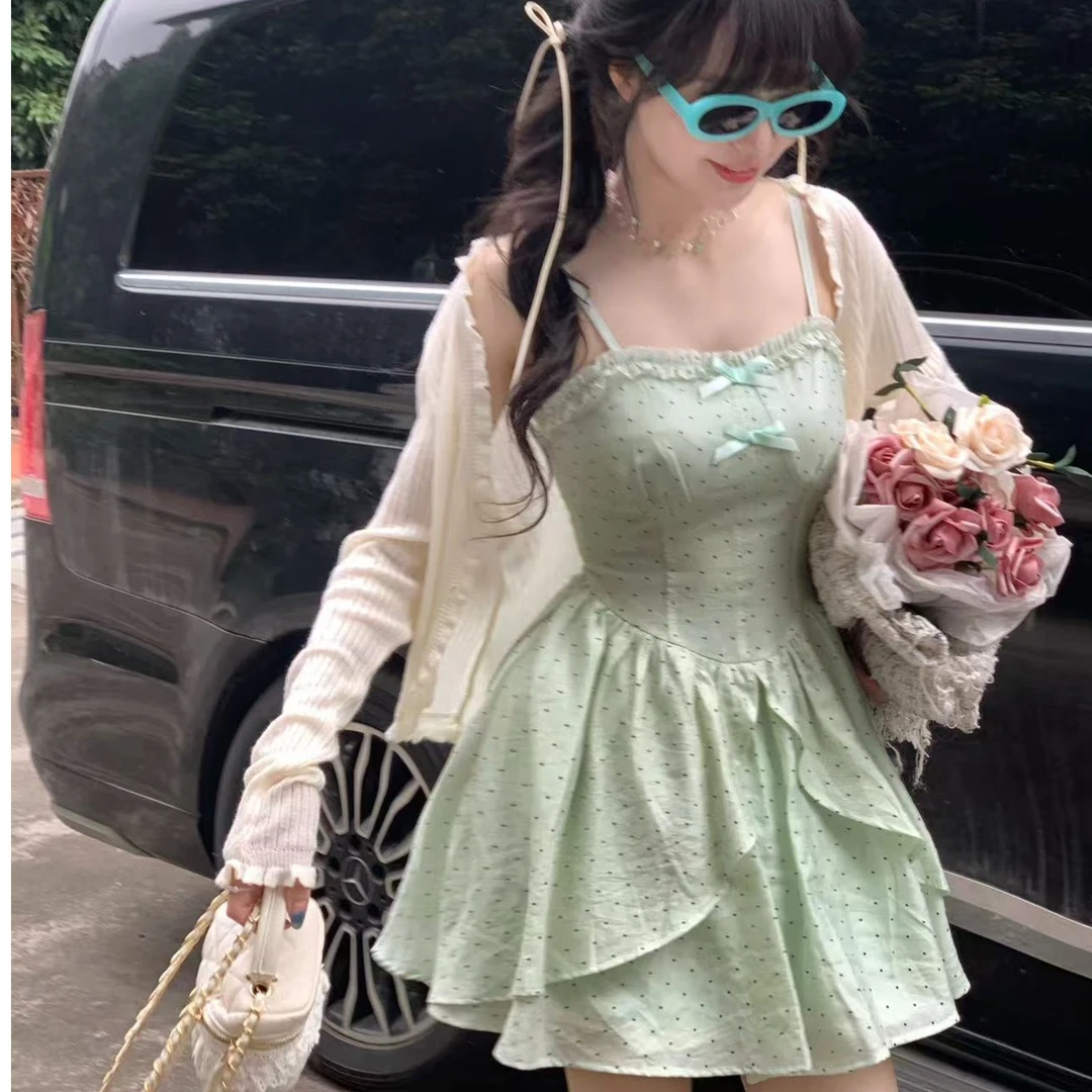 【QIANJIN】'薄荷奶绿’春夏法式气质波点收腰显瘦吊带连衣裙QL8655