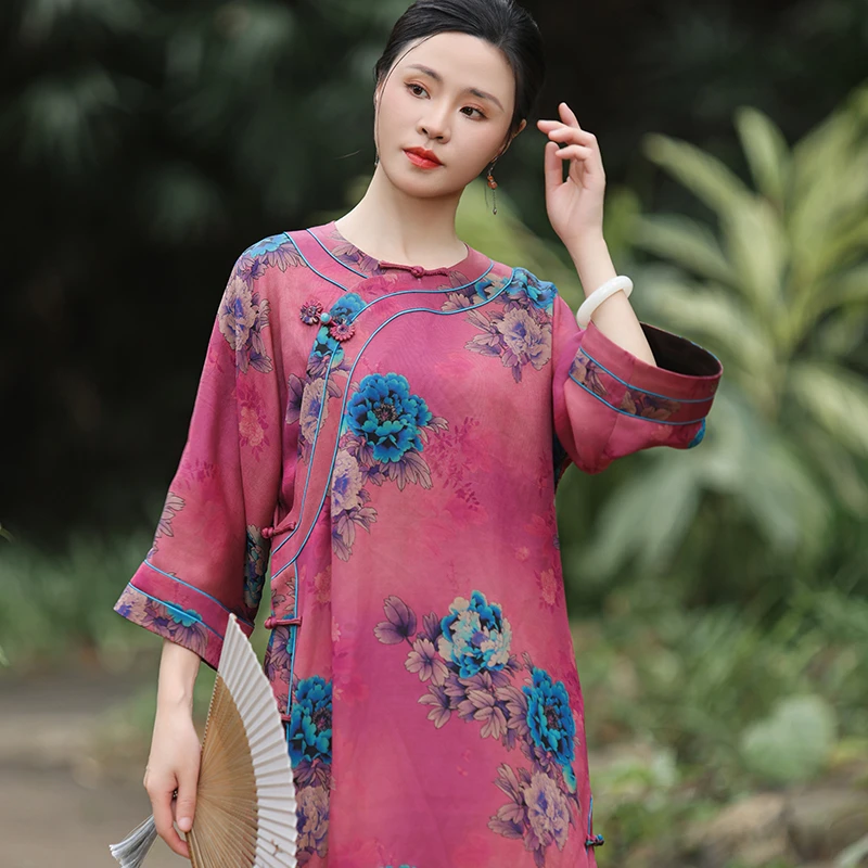 曦涵玥原创*粉牡丹*罗纹缎真丝香云纱宽松复古太太服袍子定制