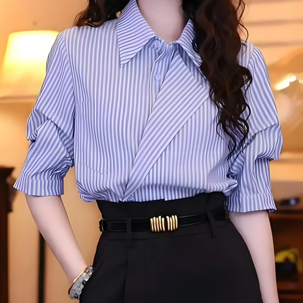 港味复古气质条纹短袖衬衫女早秋2025年新款设计感polo衫休闲上衣