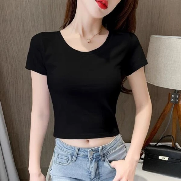 2025黑色新款来袭女装莫代尔圆领短袖露脐打底衫修身版式气质通勤