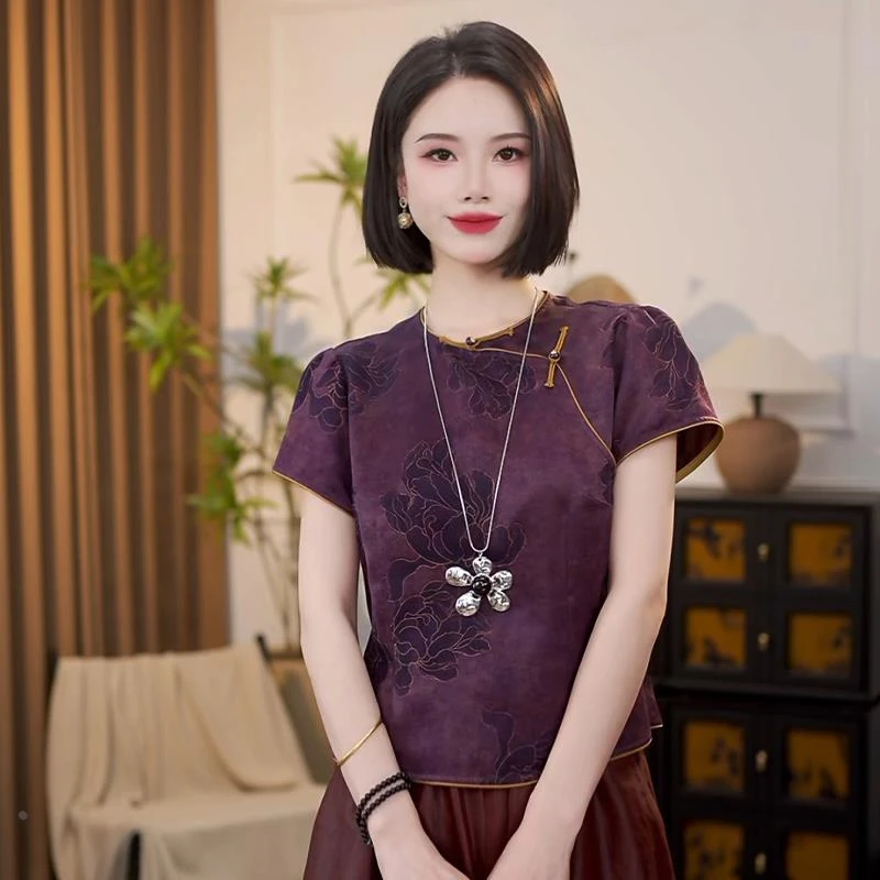 新中式国风2025夏季新款短袖时尚气质斜门襟立领复古小众上衣女潮