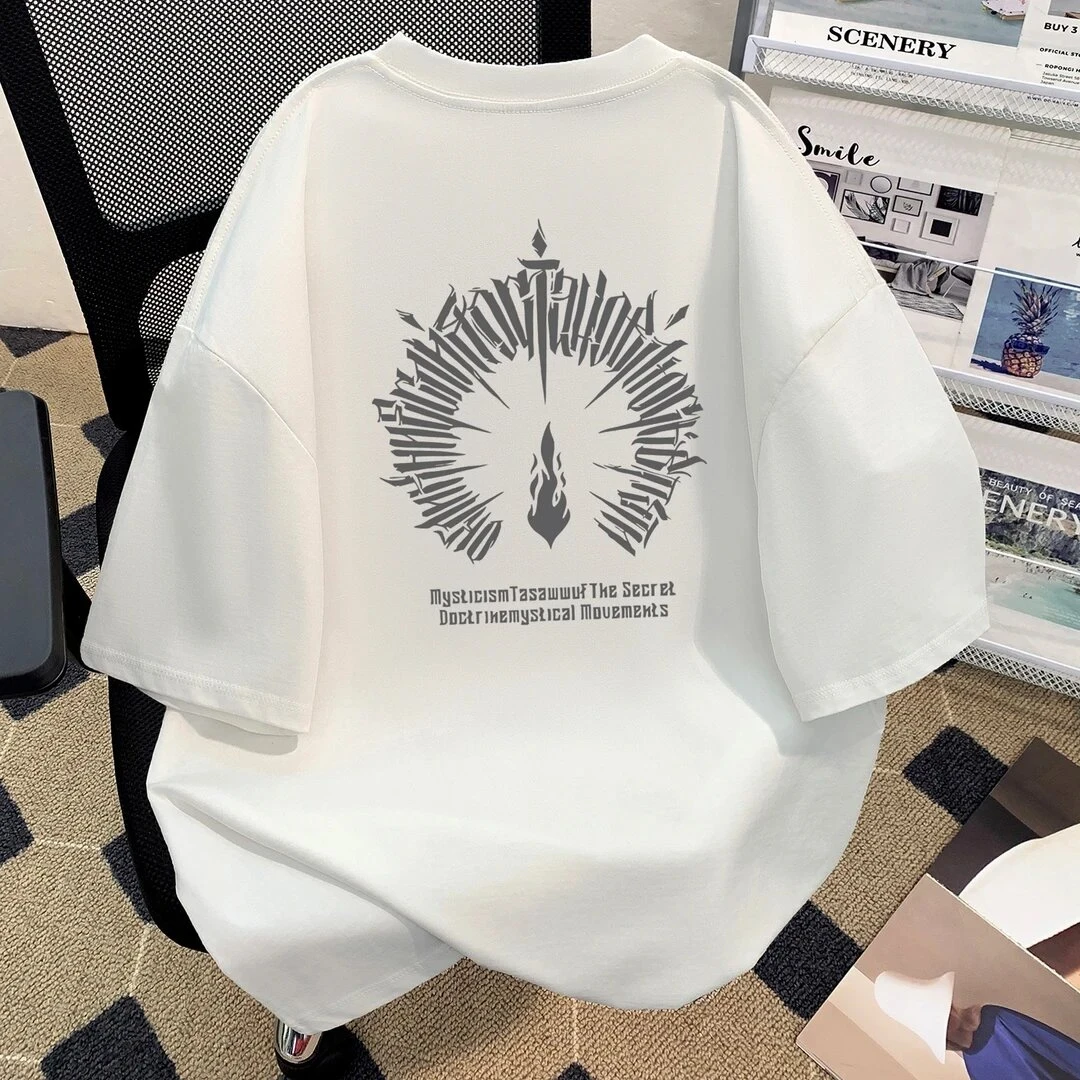 仓石一树男士潮牌独特印花白色短袖t恤时尚百搭宽松打底衫上衣服