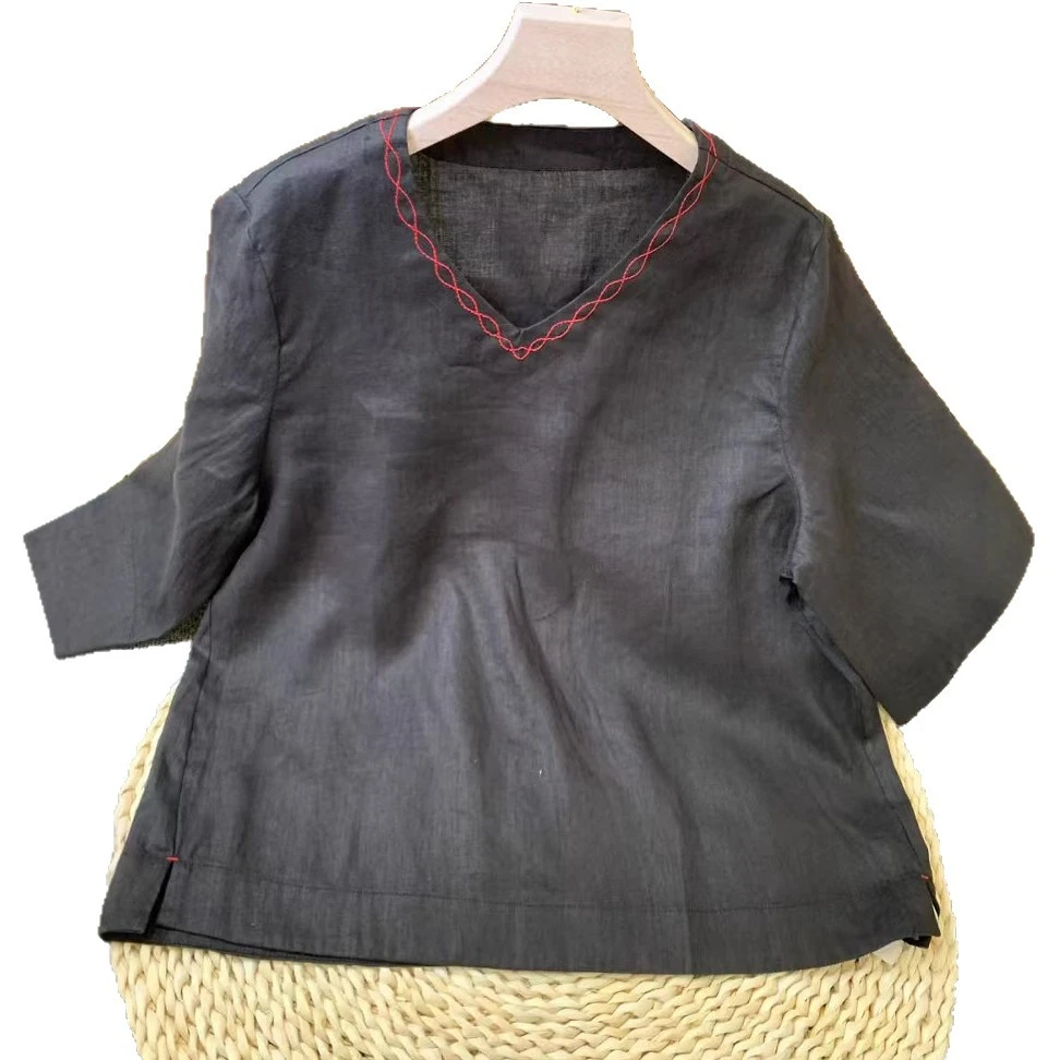 刺绣棉麻短袖上衣文艺复古设计感薄小衫女宽松夏季轻薄新款半袖