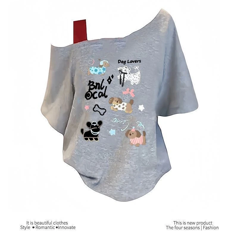 【ZHAP】新款单肩露肩吊带宽松短袖t恤女浅灰色斜肩上衣可爱欧美风