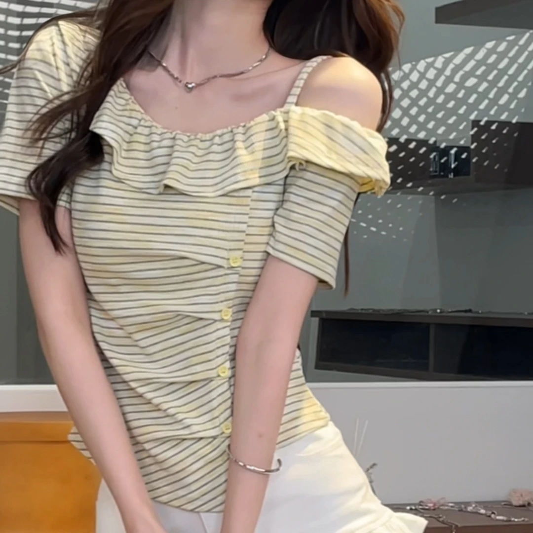 【夏季上新】时尚条纹撞色斜肩设计感修身收腰显瘦短袖上衣DM6668