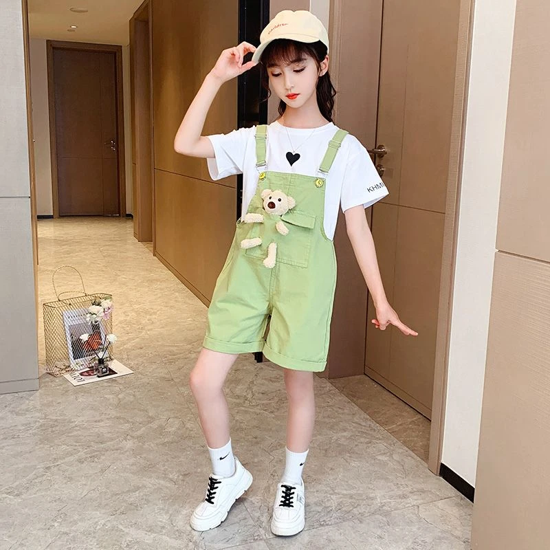 女童牛仔背带短裤薄款学生夏装套装网红新款女宝夏季中大儿童10岁