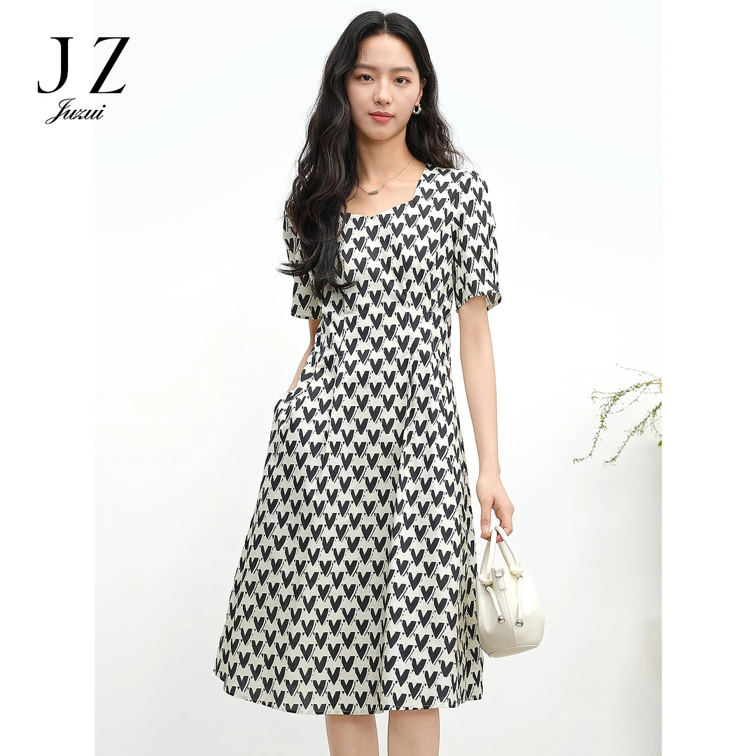 JUZUI玖姿100%棉爱心印花连衣裙女2025夏季新款JLFX50003