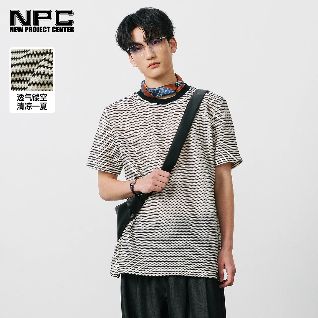 NPC潮牌撞色条纹镂空圆领T恤男微弹落肩廓形舒适宽松NP52TE09