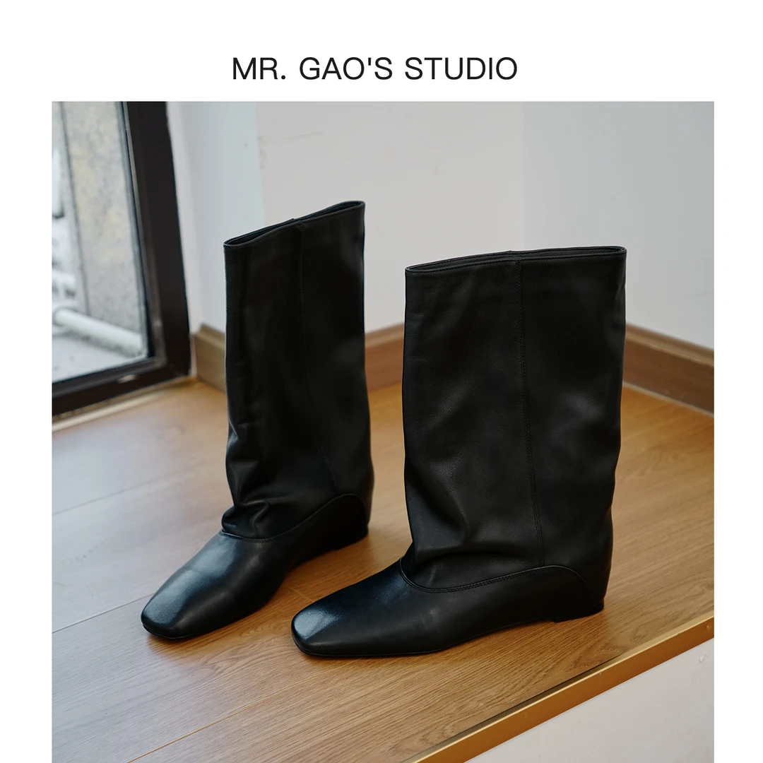 4.5cm~极简风内增显瘦方头时装靴大筒围真皮时尚中筒靴秋冬女靴
