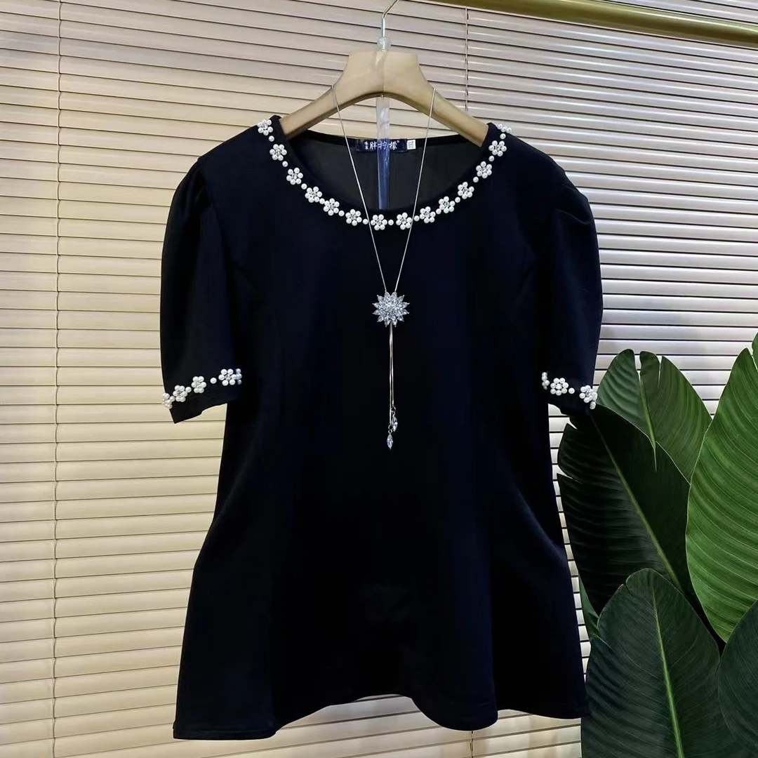 P欧货时尚新款重工拼接开衩设计洋气短袖上衣