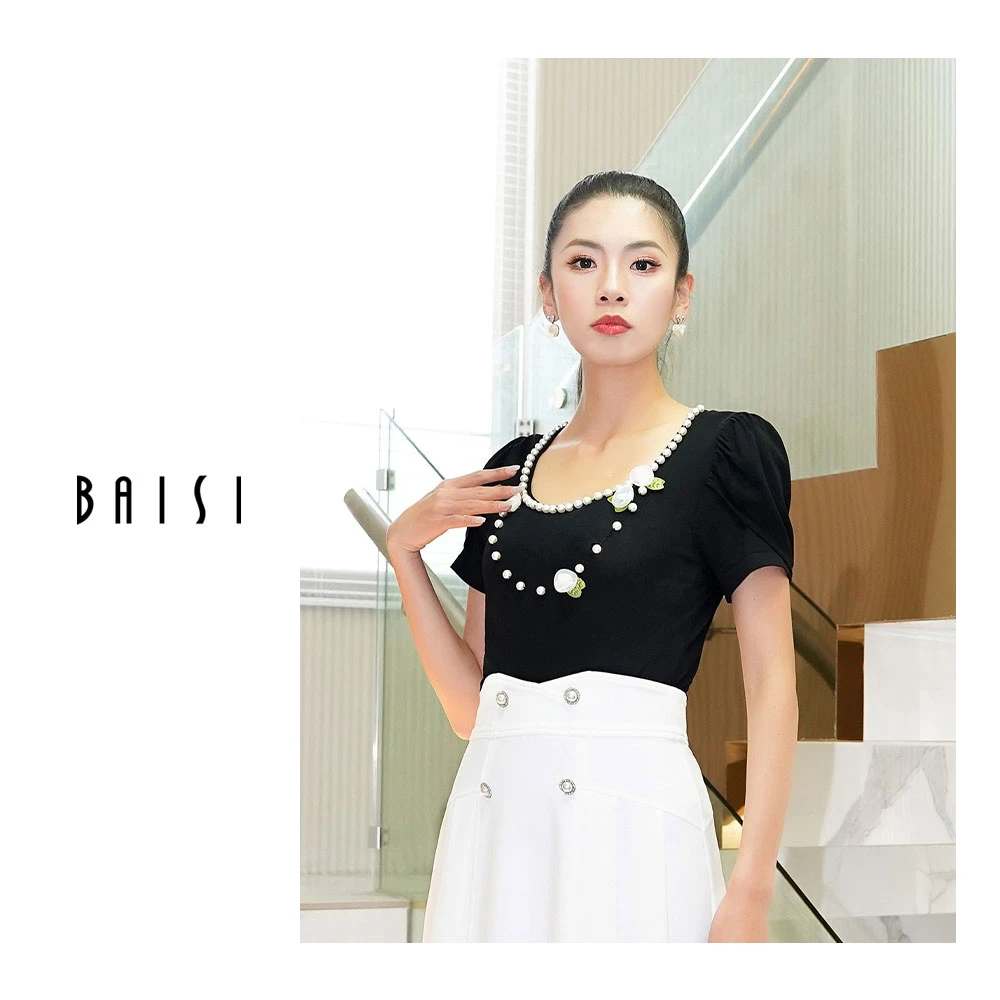 BAISI/百丝宽松型衬衫荷叶边休闲蕾丝短款显瘦短袖极简风百搭