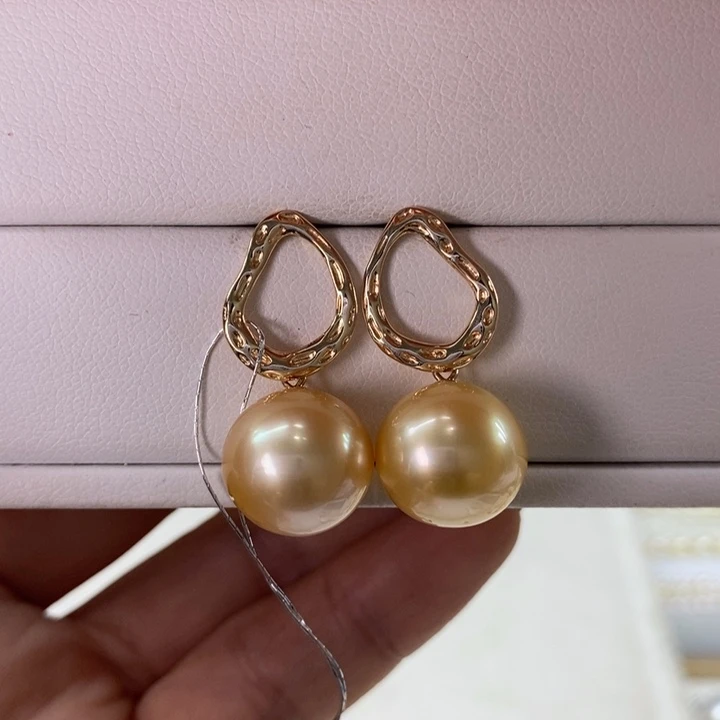 银S925镶嵌海水珍珠耳饰南洋金珠12-13mm