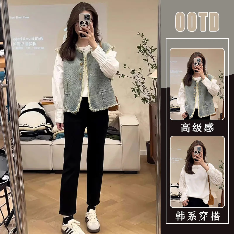 秋季穿搭一整套高级感气质小香风牛仔马甲衬衫牛仔裤时尚三件套装